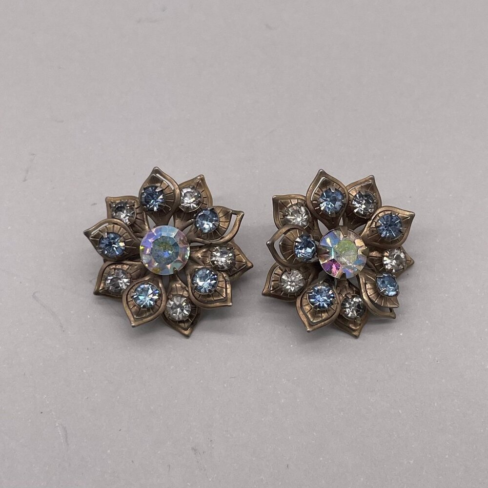 Set of 2 Blue Rhinestone Engraved Brooch Pin Brass Tone Minimalist Everyday - Picture 2 of 5
